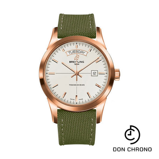 Breitling Transocean Day & Date Watch - 18k Red Gold - Mercury Silver Dial - Khaki Green Military Strap - Tang Buckle - R4531012/G752/106W/R20BA.1