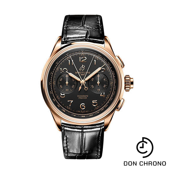 Breitling Premier B15 Duograph 42 Watch - 18K Red Gold - Black Dial - Black Alligator Leather Strap - Folding Buckle - RB1510251B1P1