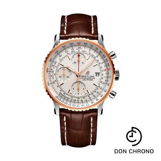 Breitling Navitimer Chronograph 41 Watch - Steel & Red Gold - Mercury Silver Dial - Brown Alligator Strap - Tang Buckle - U13324211G1P1