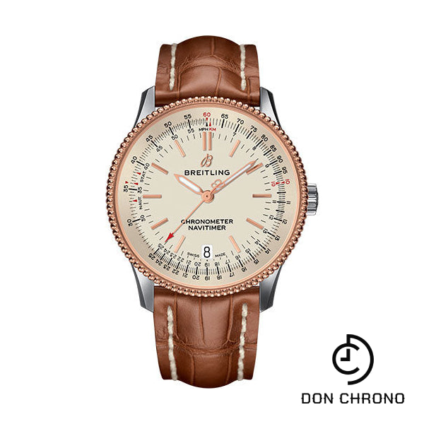 Breitling Navitimer 1 Automatic 38 Watch - Steel and Red Gold Case - Silver Dial - Gold Croco Strap - U17325211G1P1