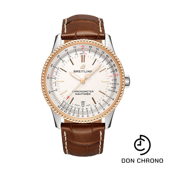 Breitling Navitimer Automatic 38 Watch - Steel & Red Gold - Silver Dial - Gold Croco Strap - Folding Buckle - U17325211G1P2