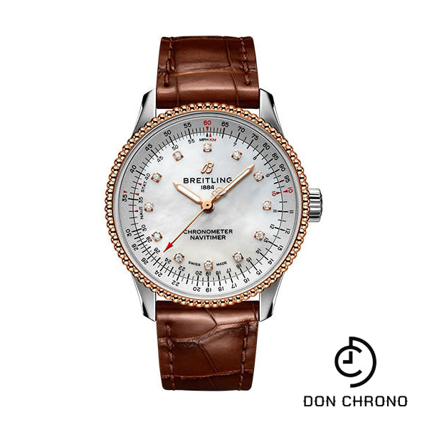 Breitling Navitimer Automatic 35 Watch - Steel and 18K Rose Gold - Mother-Of-Pearl Dial - Brown Alligator Leather Strap - Folding Buckle - U17395211A1P2