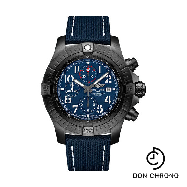 Breitling Super Avenger Chronograph 48 Night Mission Watch - DLC-Coated Titanium - Blue Dial - Blue Calfskin Leather Strap - Tang Buckle - V13375101C1X1