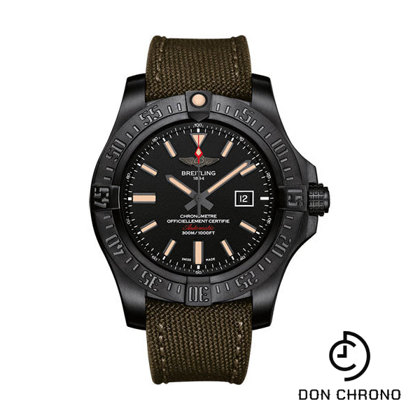 Breitling Avenger Blackbird Watch - Black Titanium - Volcano Black Dial - Khaki Green Military Strap - Tang Buckle - V1731010/BD12/105W/M20BASA.1
