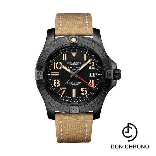 Breitling Avenger Automatic GMT 45 Night Mission Watch - DLC-Coated Titanium - Black Dial - Sand Calfskin Leather Strap - Tang Buckle - V32395101B1X1