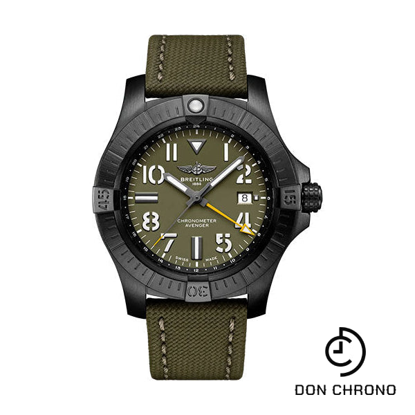 Breitling Avenger Automatic GMT 45 Night Mission Limited Edition Watch - DLC-Coated Titanium - Green Dial - Khaki Green Calfskin Leather Strap - Folding Buckle Limited Edition of 2000 - V323952A1L1X2