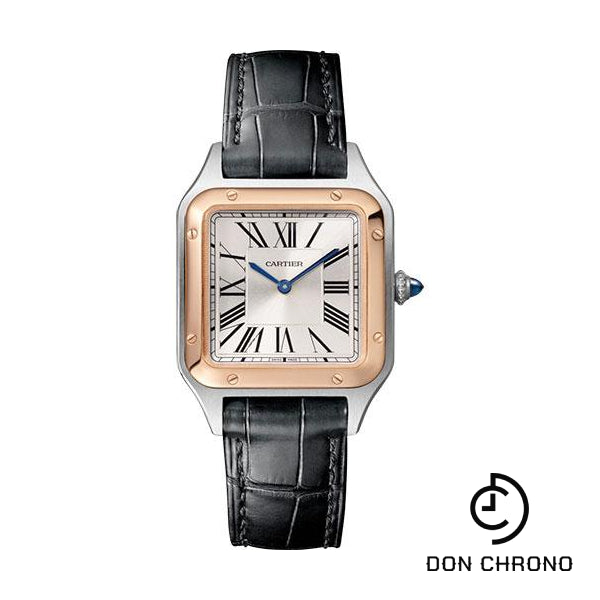 Cartier Santos-Dumont Watch - 38 mm Pink Gold And Steel Case - Silver Dial - Black Strap - W2SA0012