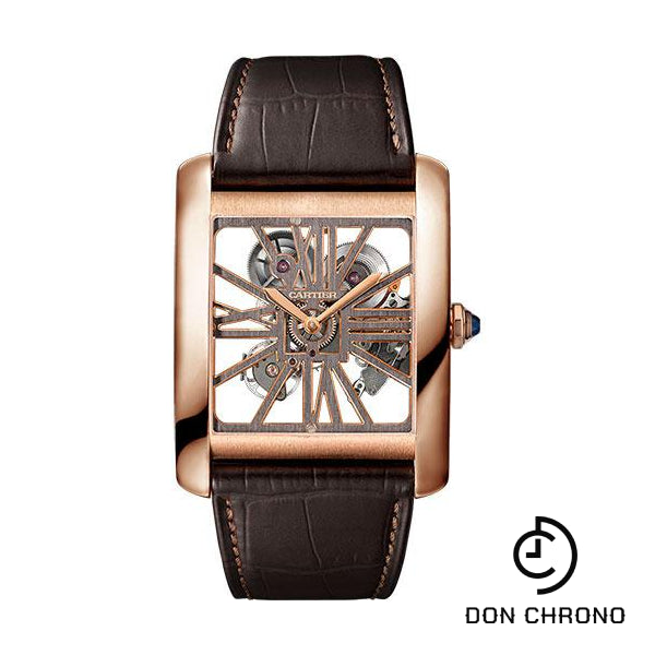 Cartier Tank MC Watch - 34.5 mm Pink Gold Case - Pink Gold Case Bezel - Skeleton Dial - Brown Alligator Strap - W5310040