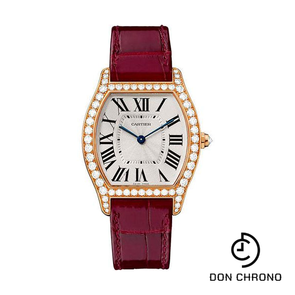Cartier Tortue Watch - 39 mm Pink Gold Diamond Case - Bordeaux Alligator Strap - WA501008