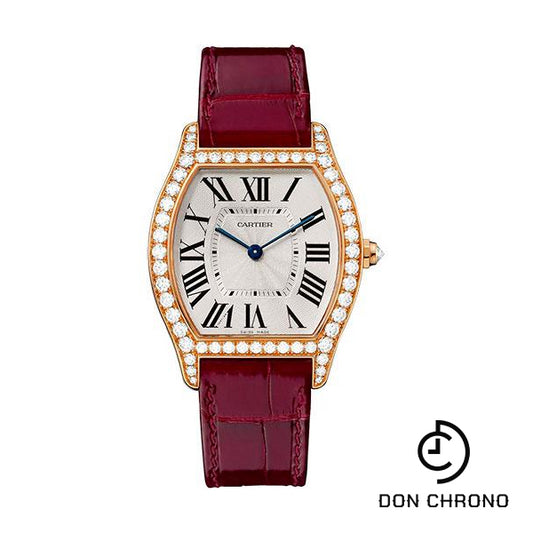 Cartier Tortue Watch - 39 mm Pink Gold Diamond Case - Bordeaux Alligator Strap - WA501008