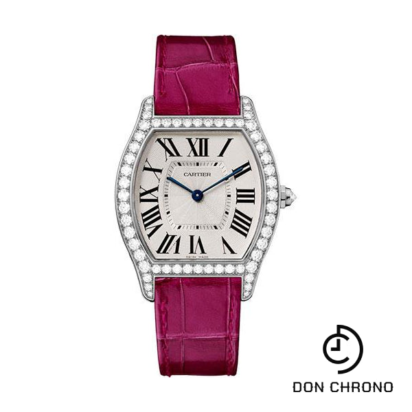 Cartier Tortue Watch - 39 mm White Gold Diamond Case - Fuchsia-Pink Alligator Strap - WA501009