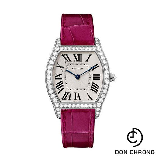 Cartier Tortue Watch - 39 mm White Gold Diamond Case - Fuchsia-Pink Alligator Strap - WA501009