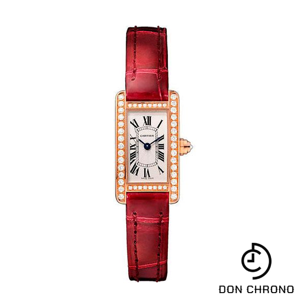 Cartier Tank Americaine Watch - 27 mm Pink Gold Diamond Case - Diamond Bezel - Diamond Dial - Red Strap - WB710014