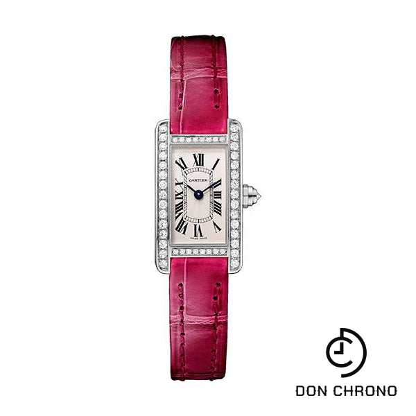 Cartier Tank Americaine Watch - 27 mm White Gold Diamond Case - Diamond Bezel - Diamond Dial - Pink Strap - WB710015