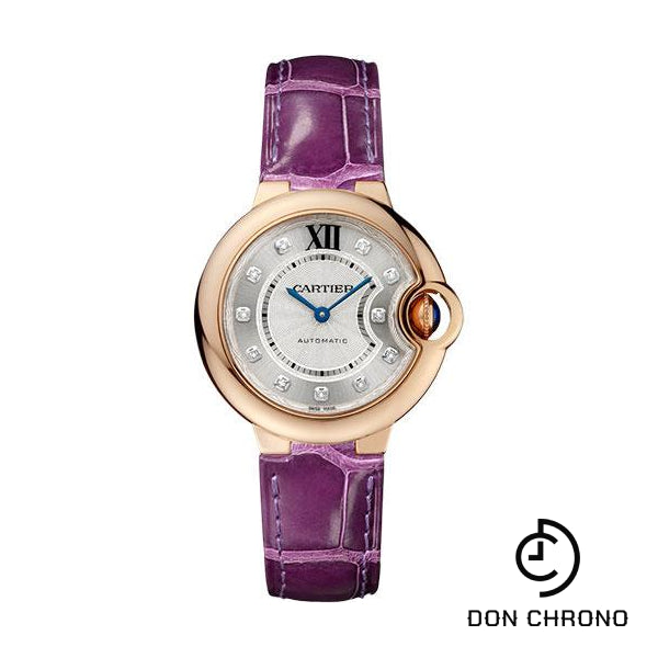 Cartier Ballon Bleu de Cartier Watch - 33 mm Pink Gold Case - Diamond Dial - Purple Alligator Strap - WE902040