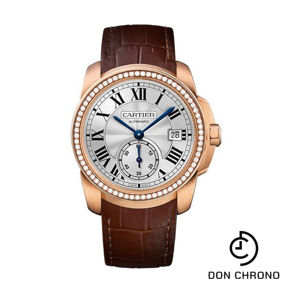 Cartier Calibre de Cartier Watch - 38 mm Pink Gold Case - Diamond Bezel - Silvered Dial - Dark Brown Alligator Strap - WF100013