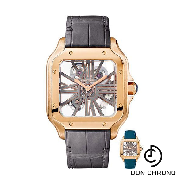 Cartier Santos de Cartier Watch - 39.8 mm Pink Gold Case - Skeleton Dial - Dark Grey Alligator Strap - Quickswitch Bracelet - WHSA0010