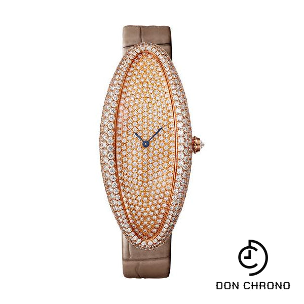 Cartier Baignoire Allongee Watch - 52 mm Pink Gold Diamond Case - Diamond Dial - Taupe Strap - WJBA0011