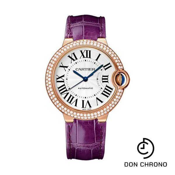 Cartier Ballon Bleu de Cartier Watch - 36 mm Pink Gold Diamond Case - Purple Patent Alligator Strap - WJBB0009