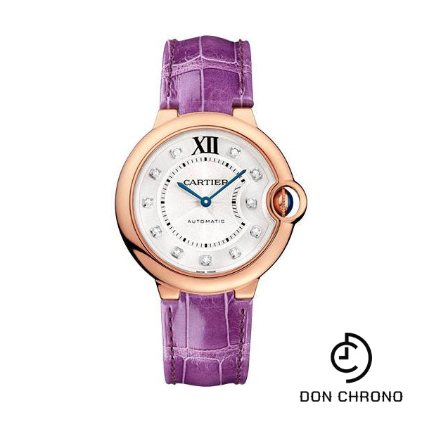 Cartier Ballon Bleu de Cartier Watch - 36 mm Pink Gold Case - Diamond Dial - Purple Alligator Strap - WJBB0010