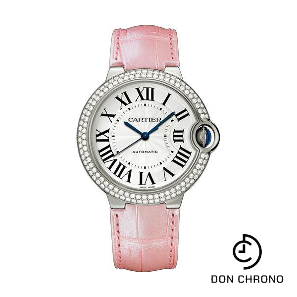 Cartier Ballon Bleu de Cartier Watch - 36 mm White Gold Diamond Case - Pearly Pink Alligator Strap - WJBB0011