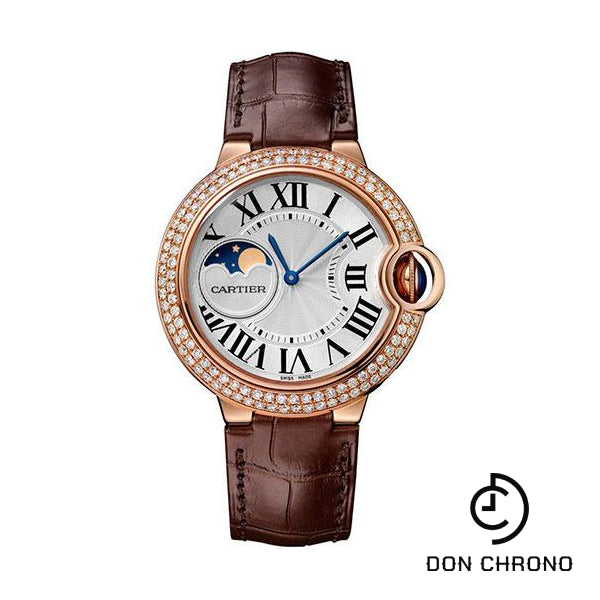 Cartier Ballon Bleu de Cartier Moonphase Watch - 37 mm Pink Gold Case - Diamond Paved Bezel - Silver Dial - Brown Alligatgor Strap - WJBB0027