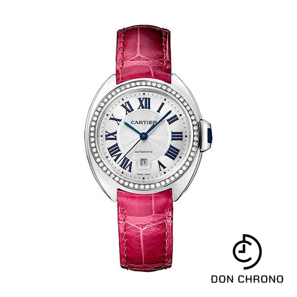 Cartier Cle De Cartier Watch - 31 mm White Gold Diamond Case - Diamond Bezel - Silver Dial - Fuchsia Pink Alligator Strap - WJCL0015
