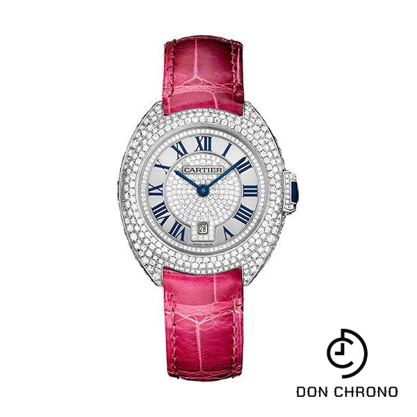 Cartier Cle De Cartier Diamond Paved Watch - 31 mm White Gold Diamond Case - Diamond Bezel - Silver Dial - Fuchsia Pink Alligator Strap - WJCL0017