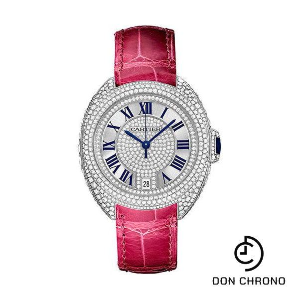 Cartier Cle De Cartier Watch - 35 mm White Gold Diamond Case - Diamond Bezel - Silver Diamond Dial - Fuchsia Pink Alligator Strap - WJCL0018