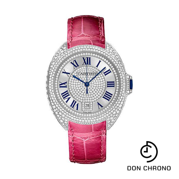 Cartier Cle De Diamond Paved Cartier Watch - 40 mm White Gold Diamond Case - Diamond Bezel - Silver Dial - Fuchsia Pink Alligator Strap - WJCL0019