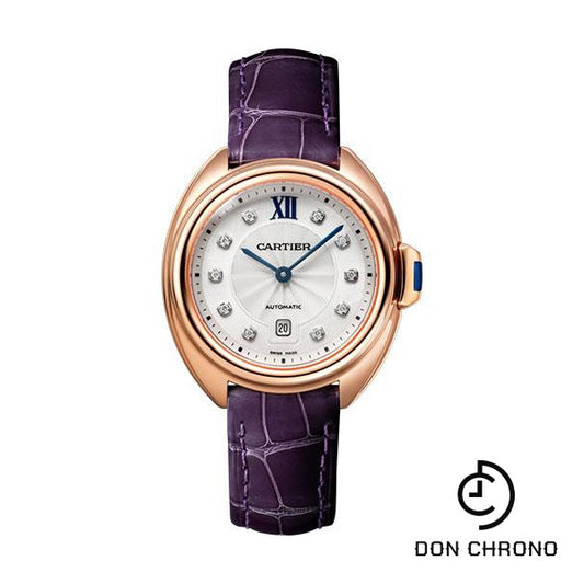 Cartier Cle de Cartier Watch - 31 mm Pink Gold Case - Silvered Diamond Dial - Aubergine Alligator Strap - WJCL0031