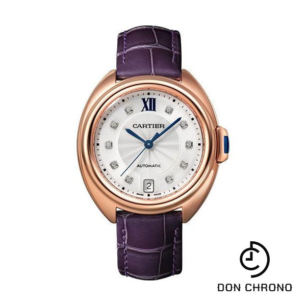 Cartier Cle de Cartier Watch - 35 mm Pink Gold Case - Silvered Flinque Diamond Dial - Aubergine Alligator Strap - WJCL0032