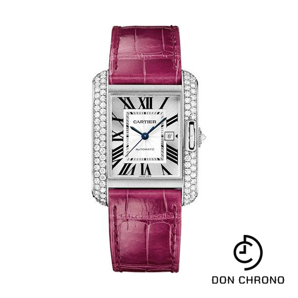 Cartier Tank Anglaise Watch - 39.2 mm White Gold Diamond Case - Silvered Dial - Fuschia Alligator Strap - WT100018