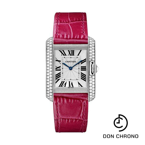 Cartier Tank Anglaise Watch - 34.7 mm White Gold Rodium Diamond Case - Silvered Flinque Dial - Fuchsia Pink Alligator Strap - WT100030