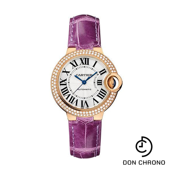 Cartier Ballon Bleu de Cartier Watch - 33 mm Pink Gold Diamond Case - Purple Alligator Strap - WE902066