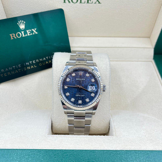 Rolex Steel Datejust 36 Watch - Fluted Bezel - Blue Jubilee Diamond Dial - Oyster Bracelet - 126234 bljdo