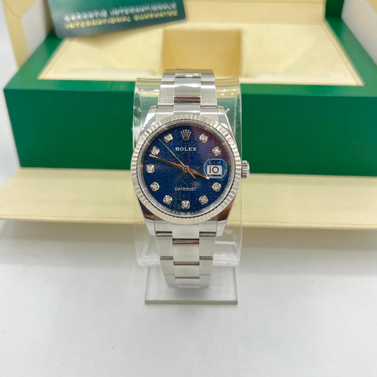 Rolex Steel Datejust 36 Watch - Fluted Bezel - Blue Jubilee Diamond Dial - Oyster Bracelet - 126234 bljdo