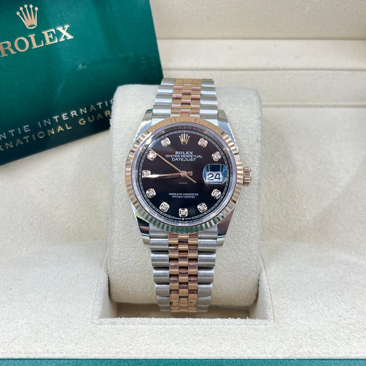 Rolex Steel and Everose Rolesor Datejust 36 Watch - Fluted Bezel - Black Diamond Dial - Jubilee Bracelet - 126231 bkdj