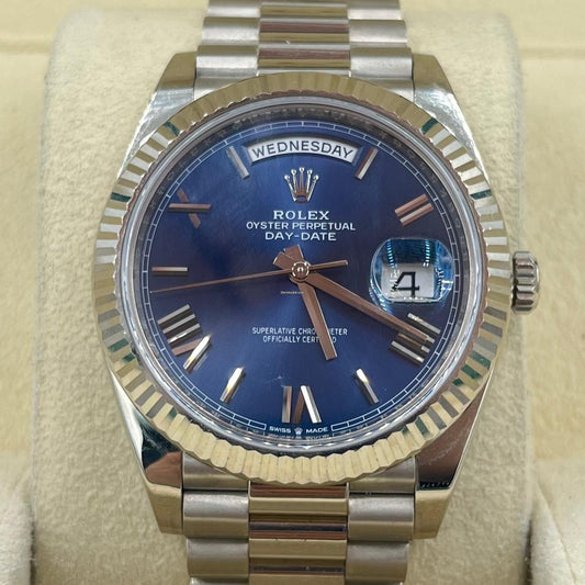 Rolex White Gold Day-Date 40 Watch - Fluted Bezel - Blue Bevelled Roman Dial - President Bracelet - 228239 blrp