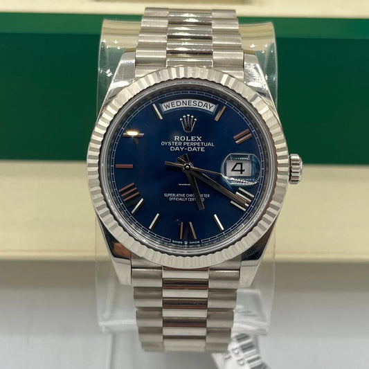 Rolex White Gold Day-Date 40 Watch - Fluted Bezel - Blue Bevelled Roman Dial - President Bracelet - 228239 blrp