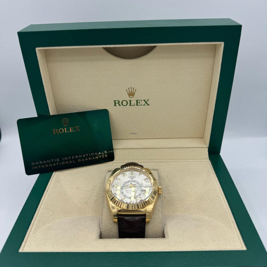 Rolex Yellow Gold Sky-Dweller Watch - Silver Sunray Roman Dial - Brown Leather Strap - 326138 s