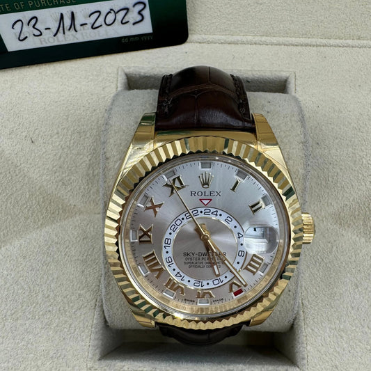 Rolex Yellow Gold Sky-Dweller Watch - Silver Sunray Roman Dial - Brown Leather Strap - 326138 s