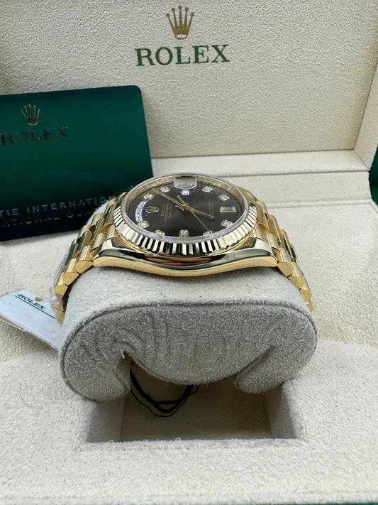 Rolex Yellow Gold Day-Date 36 Watch - Fluted Bezel - Dark Grey Diamond Dial - President Bracelet - 128238 dkgdp