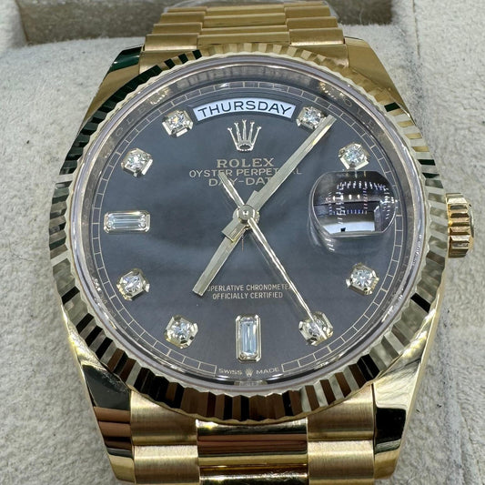 Rolex Yellow Gold Day-Date 36 Watch - Fluted Bezel - Dark Grey Diamond Dial - President Bracelet - 128238 dkgdp