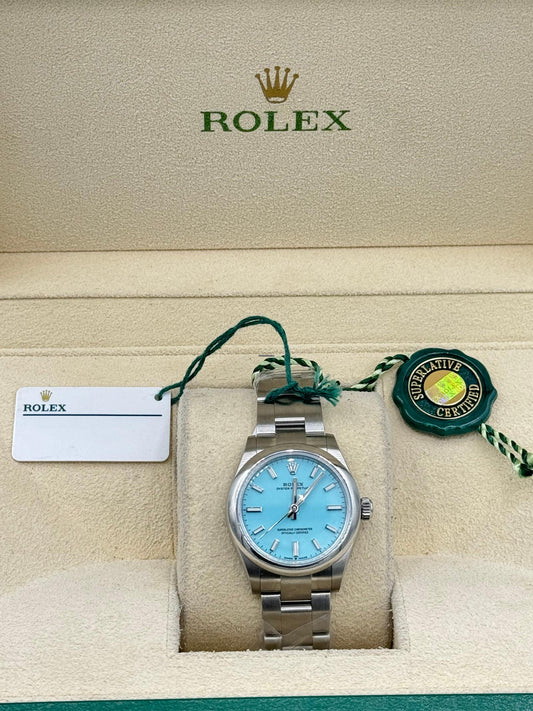 Rolex Oyster Perpetual 31 Watch - Domed Bezel - Turquoise Blue "Tiffany" Index Dial - Oyster Bracelet - 277200 tbio