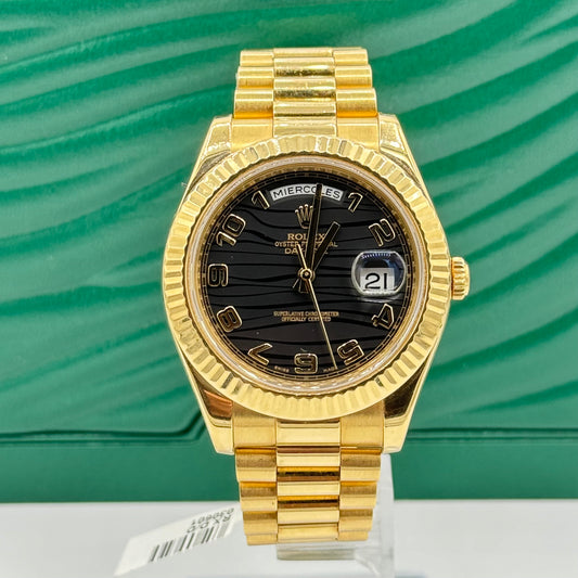 (Copy) Yellow Gold Day-Date 41 - Black Wave Dial - Fluted Bezel - Presidential Bracelet