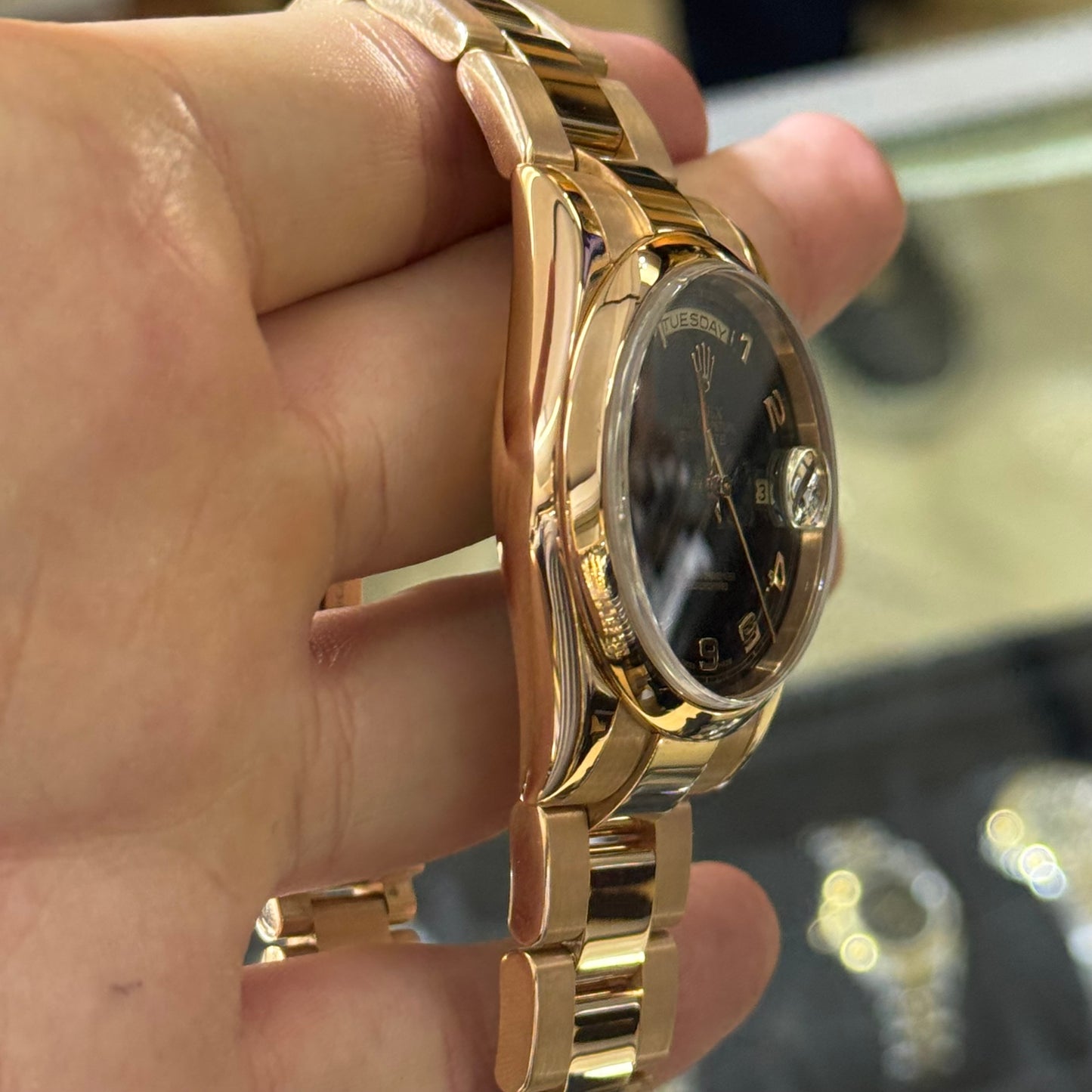 Rolex Pink Gold Day-Date 36 Watch - Domed Bezel - Black Arabic Dial - President Bracelet - 118205 bkap