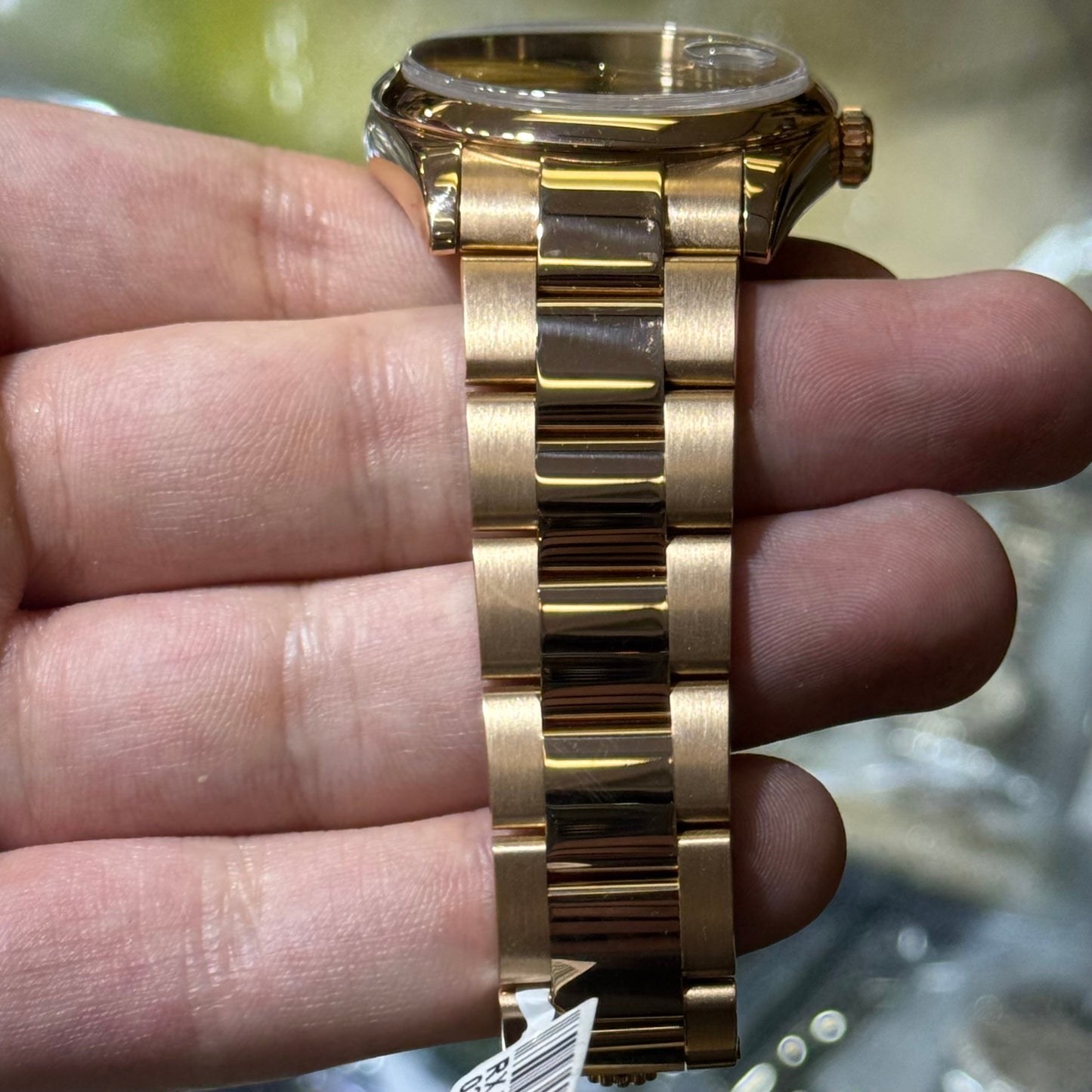 Rolex Pink Gold Day-Date 36 Watch - Domed Bezel - Black Arabic Dial - President Bracelet - 118205 bkap