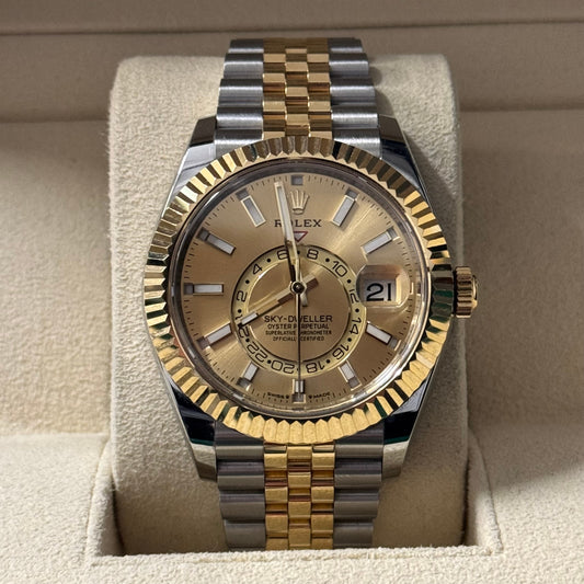 Rolex Yellow Rolesor Sky-Dweller Watch - Fluted Ring Command Bezel - Champagne Index Dial - Oyster Bracelet - 336933 chio