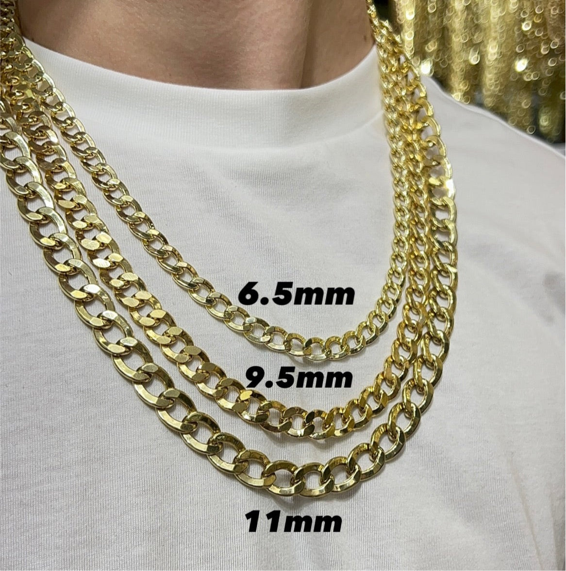 10k Gold Chain Solid curb link 2.5mm to 7.5mm 16 18 20 22 24 26 28 30 inch